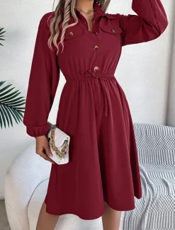 Women's Casual Dress Midi Dress Buttons Casual Shirt Collar Long Sleeve Wine Blue Khaki Color