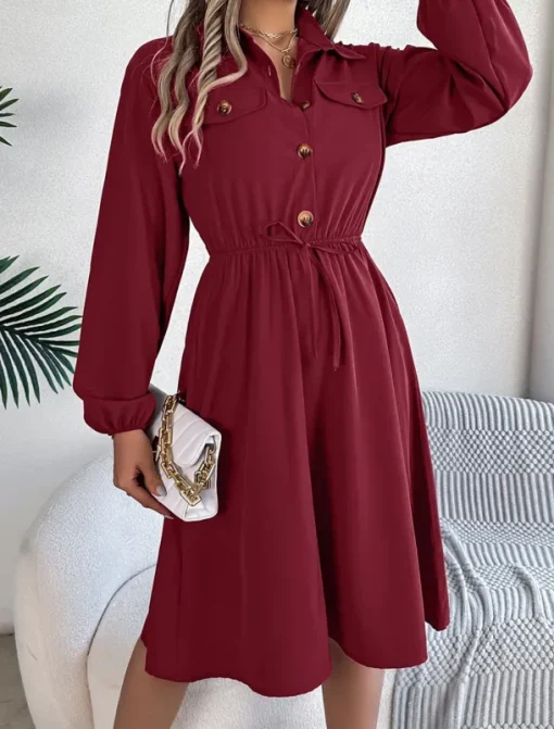 Women's Casual Dress Midi Dress Buttons Casual Shirt Collar Long Sleeve Wine Blue Khaki Color