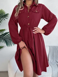 Women's Casual Dress Midi Dress Buttons Casual Shirt Collar Long Sleeve Wine Blue Khaki Color