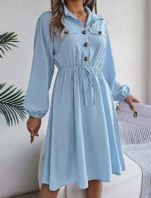 Women's Casual Dress Midi Dress Buttons Casual Shirt Collar Long Sleeve Wine Blue Khaki Color