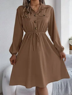 Women's Casual Dress Midi Dress Buttons Casual Shirt Collar Long Sleeve Wine Blue Khaki Color