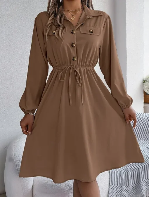 Women's Casual Dress Midi Dress Buttons Casual Shirt Collar Long Sleeve Wine Blue Khaki Color