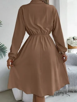 Women's Casual Dress Midi Dress Buttons Casual Shirt Collar Long Sleeve Wine Blue Khaki Color