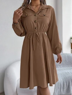 Women's Casual Dress Midi Dress Buttons Casual Shirt Collar Long Sleeve Wine Blue Khaki Color