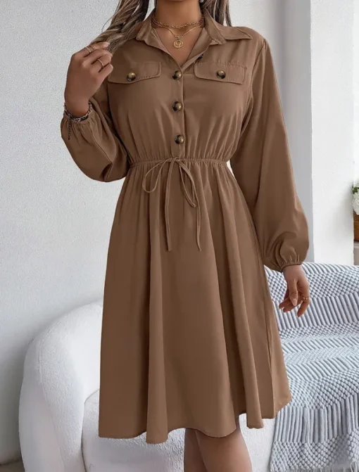 Women's Casual Dress Midi Dress Buttons Casual Shirt Collar Long Sleeve Wine Blue Khaki Color