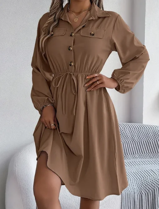 Women's Casual Dress Midi Dress Buttons Casual Shirt Collar Long Sleeve Wine Blue Khaki Color