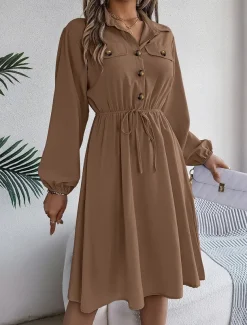 Women's Casual Dress Midi Dress Buttons Casual Shirt Collar Long Sleeve Wine Blue Khaki Color