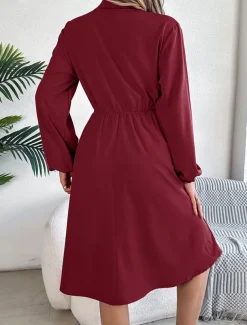 Women's Casual Dress Midi Dress Buttons Casual Shirt Collar Long Sleeve Wine Blue Khaki Color