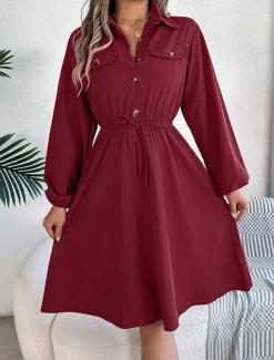 Women's Casual Dress Midi Dress Buttons Casual Shirt Collar Long Sleeve Wine Blue Khaki Color