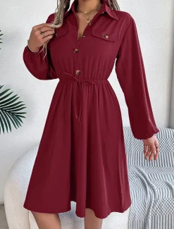Women's Casual Dress Midi Dress Buttons Casual Shirt Collar Long Sleeve Wine Blue Khaki Color
