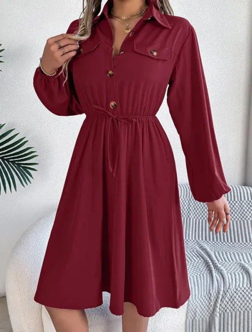 Women's Casual Dress Midi Dress Buttons Casual Shirt Collar Long Sleeve Wine Blue Khaki Color