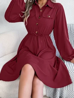 Women's Casual Dress Midi Dress Buttons Casual Shirt Collar Long Sleeve Wine Blue Khaki Color