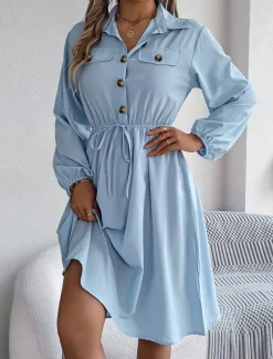 Women's Casual Dress Midi Dress Buttons Casual Shirt Collar Long Sleeve Wine Blue Khaki Color