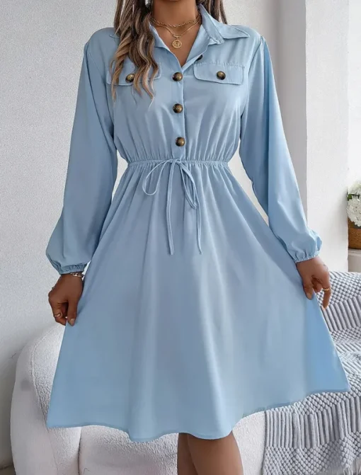 Women's Casual Dress Midi Dress Buttons Casual Shirt Collar Long Sleeve Wine Blue Khaki Color