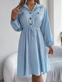 Women's Casual Dress Midi Dress Buttons Casual Shirt Collar Long Sleeve Wine Blue Khaki Color