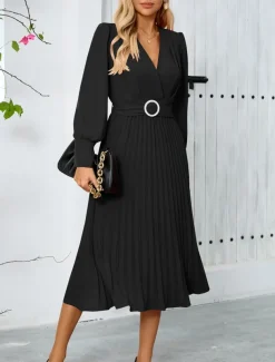 Women's Casual Dress Midi Dress Belted Casual V Neck Long Sleeve Black Green Color
