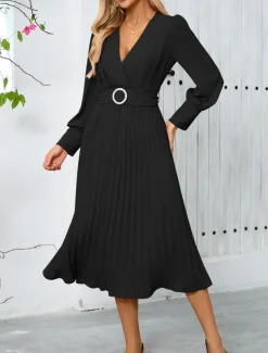 Women's Casual Dress Midi Dress Belted Casual V Neck Long Sleeve Black Green Color
