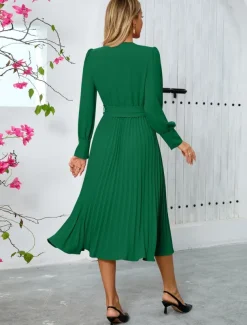 Women's Casual Dress Midi Dress Belted Casual V Neck Long Sleeve Black Green Color