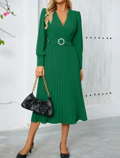 Women's Casual Dress Midi Dress Belted Casual V Neck Long Sleeve Black Green Color