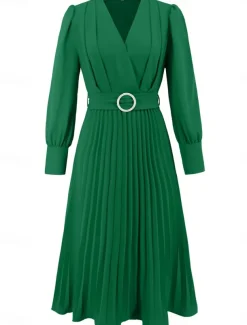 Women's Casual Dress Midi Dress Belted Casual V Neck Long Sleeve Black Green Color