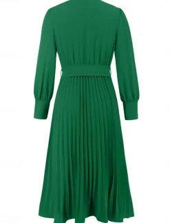 Women's Casual Dress Midi Dress Belted Casual V Neck Long Sleeve Black Green Color