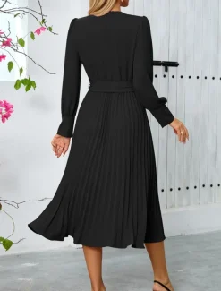 Women's Casual Dress Midi Dress Belted Casual V Neck Long Sleeve Black Green Color