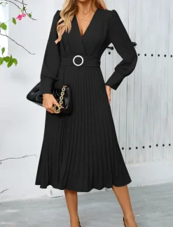 Women's Casual Dress Midi Dress Belted Casual V Neck Long Sleeve Black Green Color