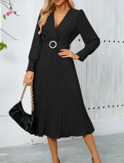 Women's Casual Dress Midi Dress Belted Casual V Neck Long Sleeve Black Green Color