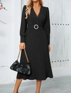 Women's Casual Dress Midi Dress Belted Casual V Neck Long Sleeve Black Green Color