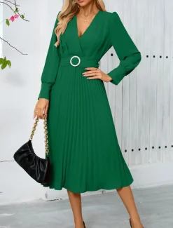 Women's Casual Dress Midi Dress Belted Casual V Neck Long Sleeve Black Green Color