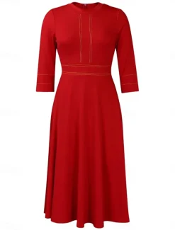Women's Casual Dress Midi Dress Zipper Daily Date Fashion Streetwear Stand Collar 3/4 Length Sleeve Red Green Dark Blue Color