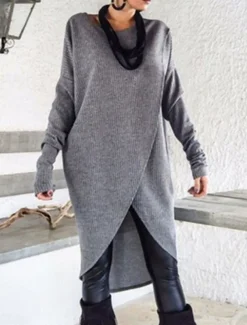 Women's Casual Dress Midi Dress Ruched Casual Crew Neck Long Sleeve Light Grey Dark Grey Color