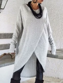 Women's Casual Dress Midi Dress Ruched Casual Crew Neck Long Sleeve Light Grey Dark Grey Color