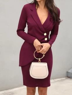 Women's Casual Dress Mini Dress Patchwork Buttons Casual Formal V Neck Long Sleeve Black Wine Gray Color