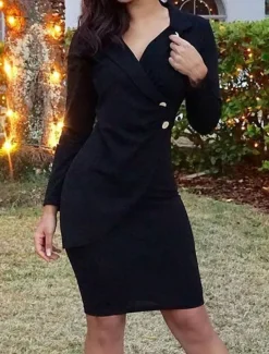 Women's Casual Dress Mini Dress Patchwork Buttons Casual Formal V Neck Long Sleeve Black Wine Gray Color