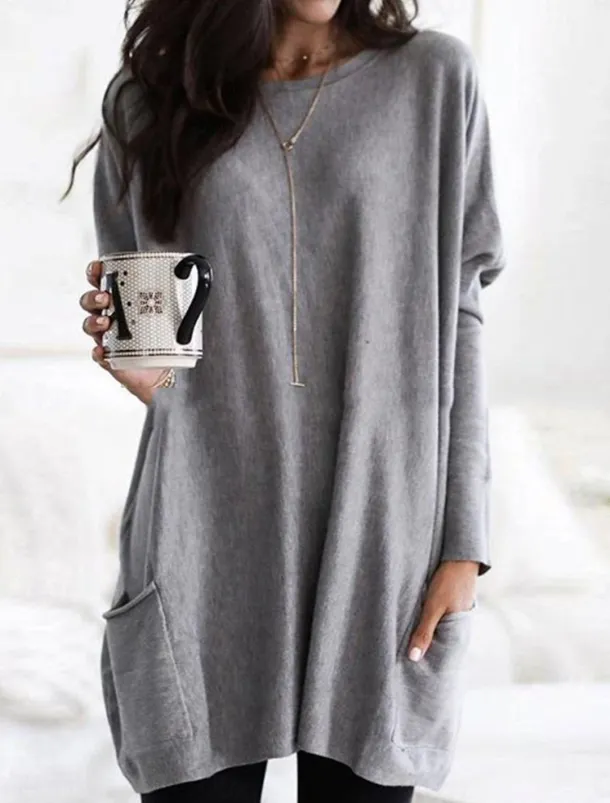 Women's Casual Dress Mini Dress Pocket Casual Crew Neck Long Sleeve Red Navy Blue Gray Color