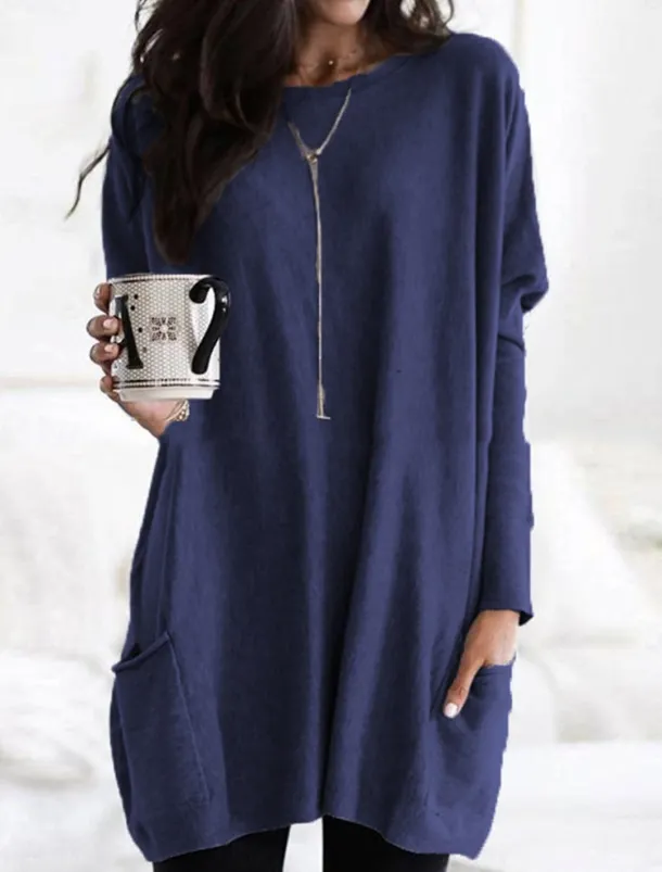 Women's Casual Dress Mini Dress Pocket Casual Crew Neck Long Sleeve Red Navy Blue Gray Color