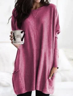 Women's Casual Dress Mini Dress Pocket Casual Crew Neck Long Sleeve Red Navy Blue Gray Color