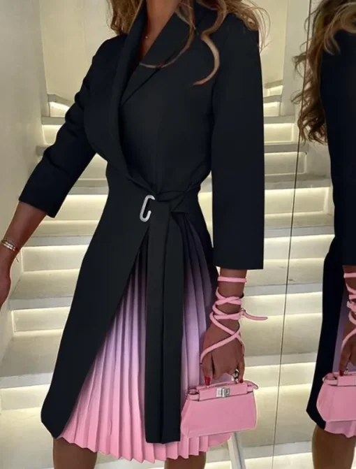 Women's Casual Dress Mini Dress Patchwork Elegant Casual Lapel Long Sleeve Black Color