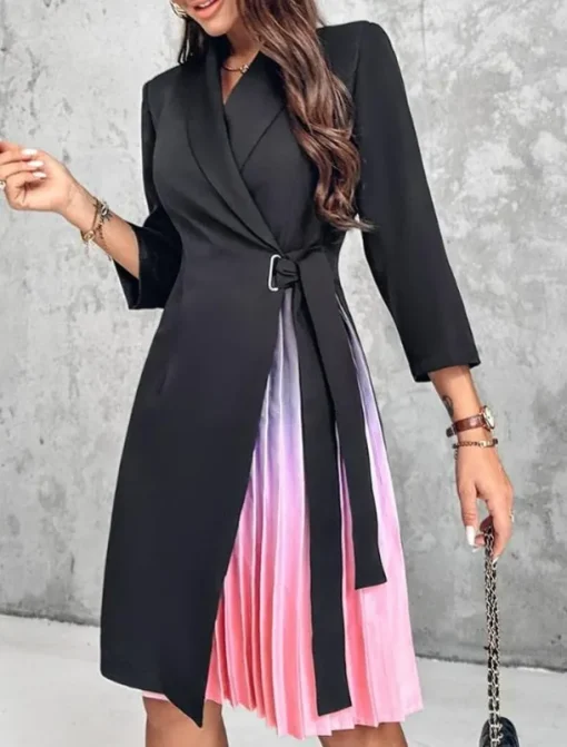 Women's Casual Dress Mini Dress Patchwork Elegant Casual Lapel Long Sleeve Black Color
