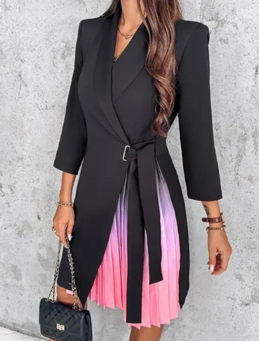Women's Casual Dress Mini Dress Patchwork Elegant Casual Lapel Long Sleeve Black Color