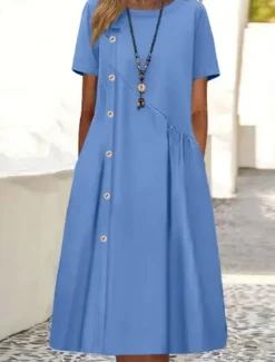 Women's Casual Dress Mini Dress Buttons Pocket Casual Crew Neck Long Sleeve Wine Blue Green Color