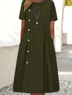 Women's Casual Dress Mini Dress Buttons Pocket Casual Crew Neck Long Sleeve Wine Blue Green Color