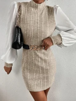 Women's Casual Dress Mini Dress Patchwork Casual Stand Collar Long Sleeve Brown Beige Color
