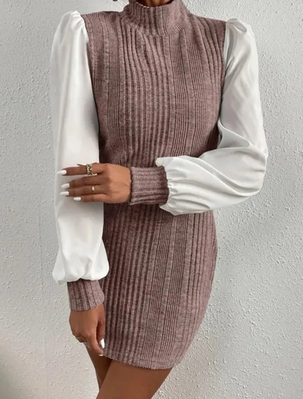 Women's Casual Dress Mini Dress Patchwork Casual Stand Collar Long Sleeve Brown Beige Color