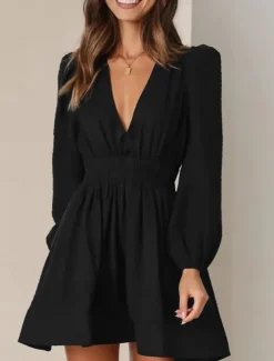 Women's Casual Dress Mini Dress Ruched Casual V Neck Long Sleeve Black Green Apricot Color