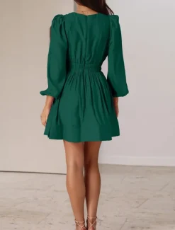 Women's Casual Dress Mini Dress Ruched Casual V Neck Long Sleeve Black Green Apricot Color