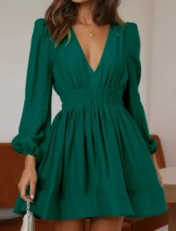 Women's Casual Dress Mini Dress Ruched Casual V Neck Long Sleeve Black Green Apricot Color