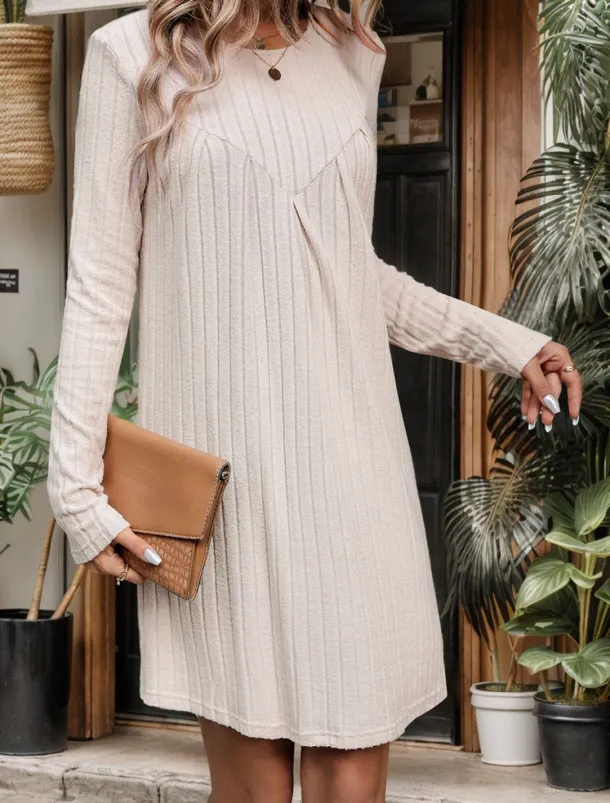 Women's Casual Dress Mini Dress Ribbed Date Streetwear Basic Crew Neck Long Sleeve Khaki Color