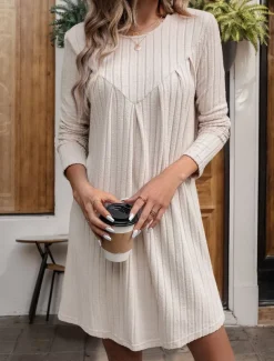 Women's Casual Dress Mini Dress Ribbed Date Streetwear Basic Crew Neck Long Sleeve Khaki Color